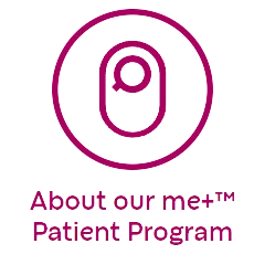 Pink ostomy bag icon with the words 'About our me+&trade; Patient Program' below it.